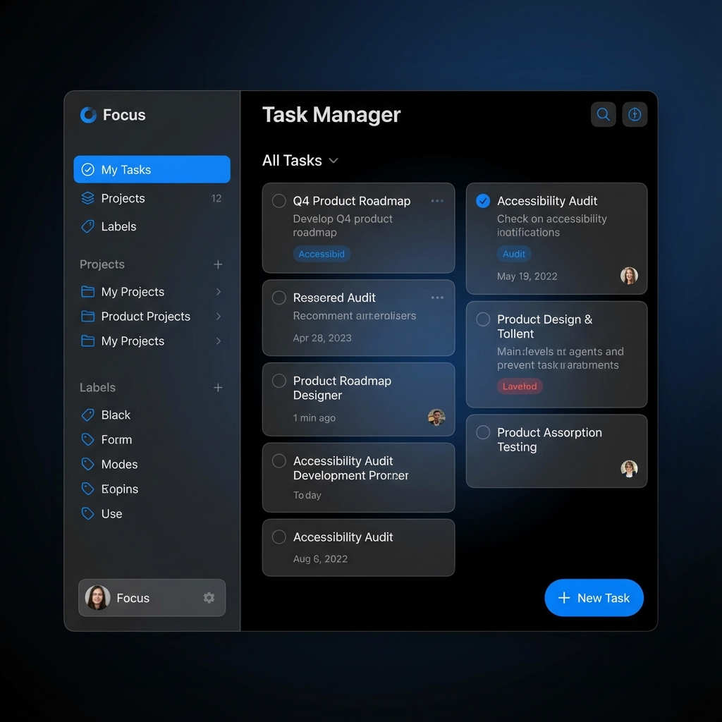 Task Manager Application UI Mockup with filters and task list interface