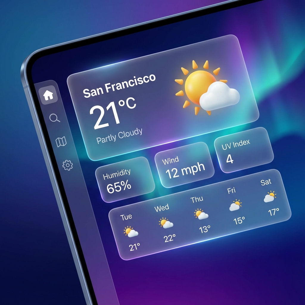 Weather Dashboard UI Mockup showing weather data integration with OpenWeatherMap API